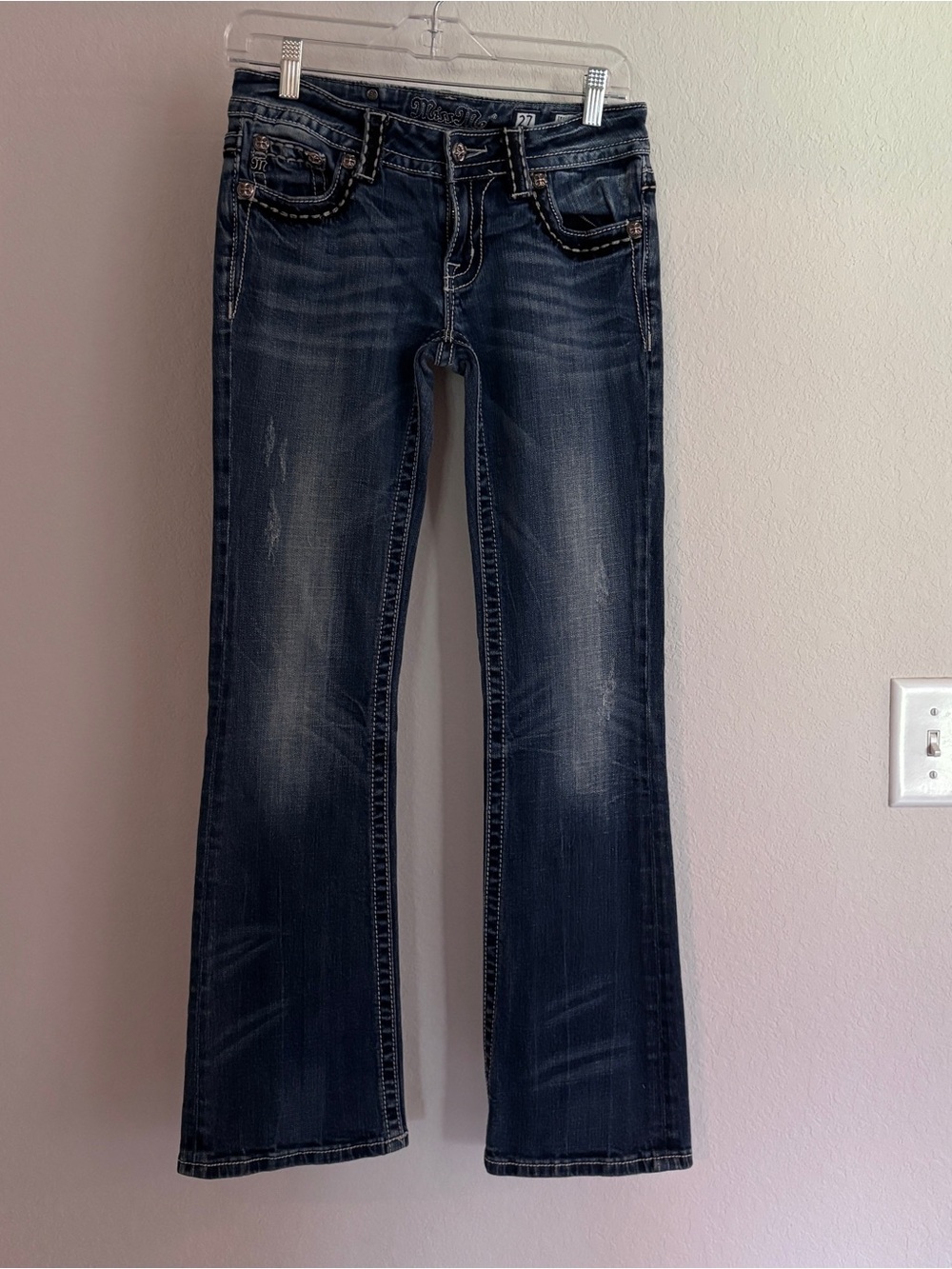 Miss Me Bootcut Jeans Size 27 Rhinestone Winged Cross Embellished Low Rise Y2K - Picture 3 of 9